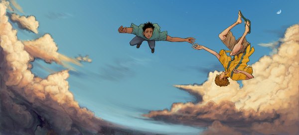 Anime picture 1200x545 with the less than epic adventures of tj and amal amal tj bigbigtruck short hair black hair brown hair wide image sky cloud (clouds) outstretched arm dark skin falling boy shirt sandals