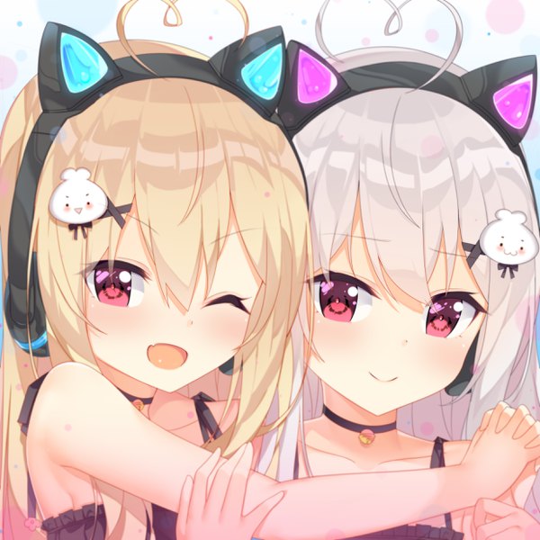 Anime picture 2480x2480 with niliu chahui tokisaki mio tokisaki asaba jyt long hair looking at viewer blush fringe highres open mouth blonde hair smile hair between eyes red eyes multiple girls animal ears silver hair upper body ahoge one eye closed