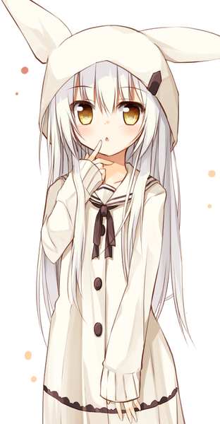 Anime picture 521x1000 with original yuuhagi (artist) single long hair tall image looking at viewer blush fringe open mouth simple background white background animal ears yellow eyes white hair long sleeves finger to mouth fake animal ears surprised girl dress