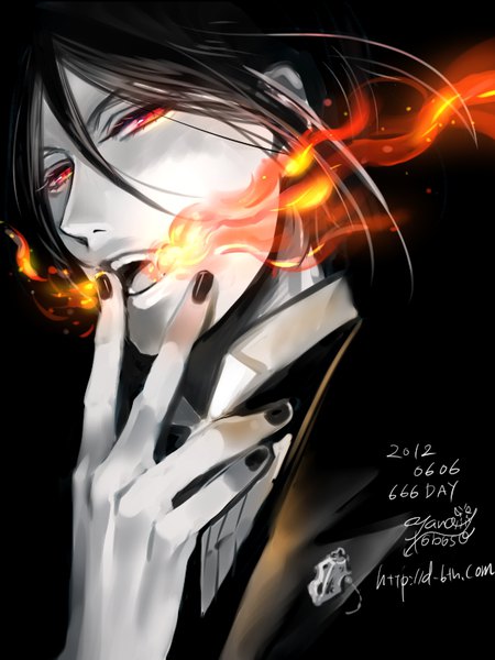 Anime picture 600x800 with kuroshitsuji a-1 pictures sebastian michaelis toboso yana single tall image looking at viewer fringe short hair open mouth black hair simple background hair between eyes red eyes signed nail polish light smile inscription official art finger to mouth