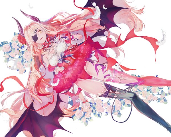 Anime picture 1020x820 with original yaku (ziroken) single long hair looking at viewer light erotic yellow eyes pink hair tail hair flower horn (horns) demon tail demon wings girl thighhighs dress hair ornament flower (flowers) ribbon (ribbons) animal