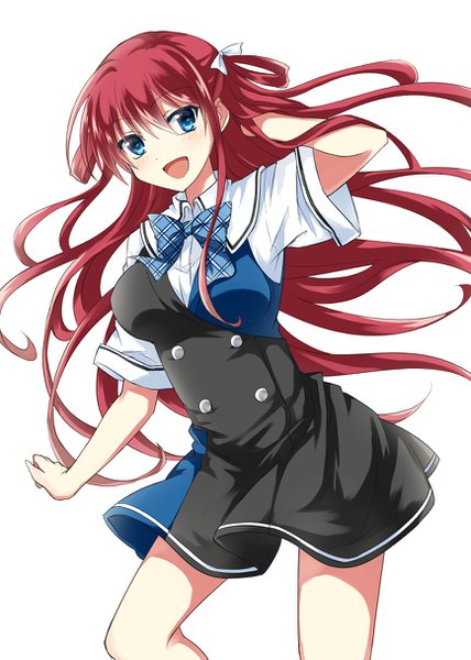 Anime picture 868x1217 with grisaia no kajitsu suou amane tm-pika single long hair tall image blush fringe open mouth blue eyes simple background hair between eyes white background bent knee (knees) red hair adjusting hair girl uniform school uniform