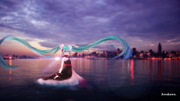 Anime picture 1920x1080 with vocaloid hatsune miku awakawayui single looking at viewer fringe highres wide image standing twintails bare shoulders signed sky cloud (clouds) very long hair aqua eyes aqua hair night night sky city