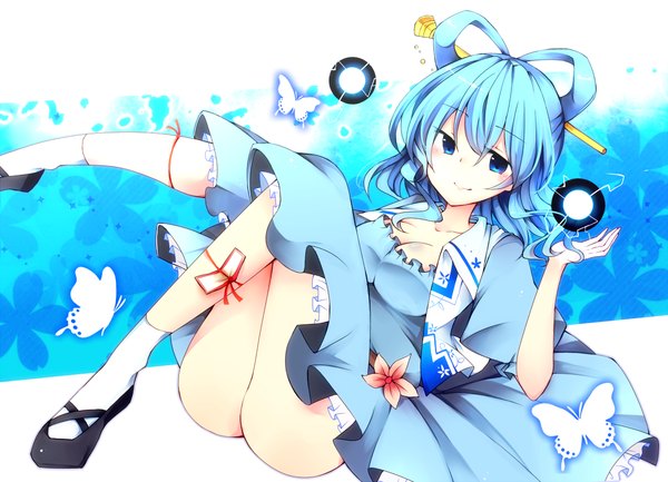 Anime picture 1200x867 with touhou kaku seiga tama (soon32281) single short hair blue eyes light erotic blue hair ass girl dress hair ornament socks insect butterfly white socks