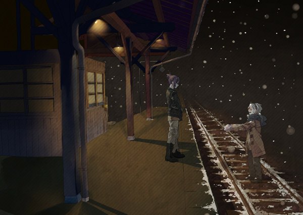 Anime picture 1200x853 with no.6 studio bones nezumi (no.6) shion (no.6) short hair open mouth black hair white hair shadow light snowing winter snow jacket boots window headphones scarf cloak lamp