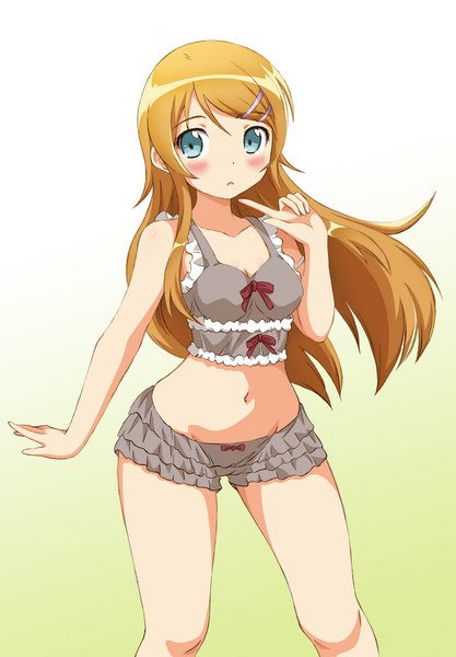 Anime picture 712x1024 with ore no imouto ga konna ni kawaii wake ga nai kousaka kirino gemini nat single long hair tall image looking at viewer blush blue eyes light erotic simple background blonde hair standing midriff gradient background girl navel hair ornament frills bobby pin