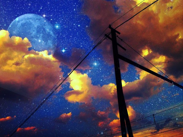 Anime picture 3264x2448 with original usamochi. highres absurdres sky cloud (clouds) from below evening sunset landscape moon star (stars) full moon power lines