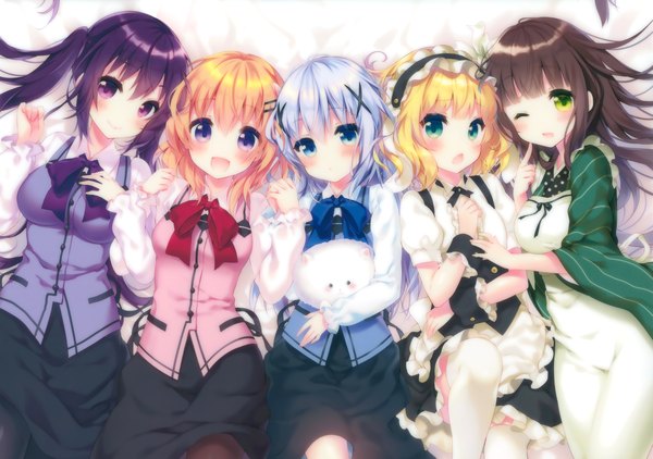 Anime picture 4687x3300 with gochuumon wa usagi desu ka? white fox kafuu chino hoto cocoa tedeza rize kirima sharo ujimatsu chiya riichu long hair looking at viewer blush highres short hair open mouth blue eyes blonde hair brown hair twintails purple eyes multiple girls