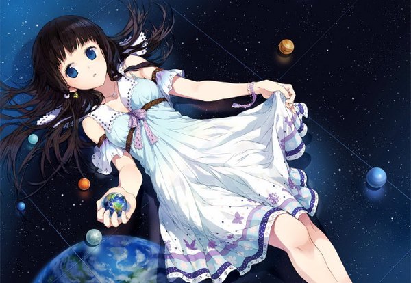 Anime picture 1300x899 with original tiv single long hair looking at viewer blue eyes black hair bare shoulders lying space girl dress earrings pendant transparent clothing sundress planet earth