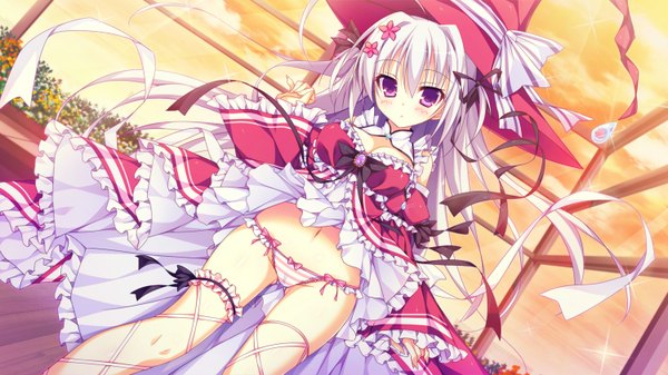 Anime picture 1500x844 with panical confusion hanabishi honoka shiromochi sakura single long hair looking at viewer blush fringe breasts light erotic wide image purple eyes game cg sky silver hair two side up witch girl dress navel