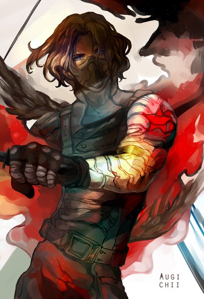 Anime picture 700x1022 with marvel comics winter soldier (bucky) augichii single tall image short hair blue eyes brown hair signed looking away outstretched arm smoke boy gloves weapon belt fingerless gloves star (symbol) mask