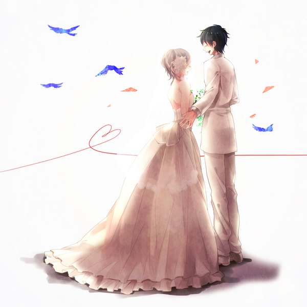 Anime picture 1419x1419 with original momoiro oji short hair black hair simple background smile white background silver hair full body shadow couple happy heart of string girl dress boy animal heart bird (birds) wedding dress