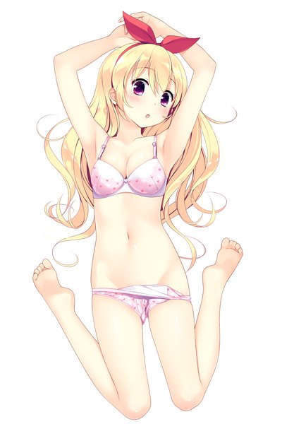Anime picture 1200x1800 with aikatsu! hoshimiya ichigo futago monad (artist) single long hair tall image looking at viewer blush open mouth light erotic simple background blonde hair white background pink eyes barefoot bare belly :o underwear only panty pull midair
