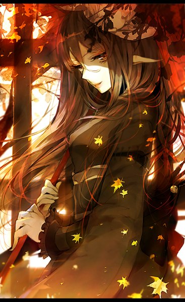 Anime picture 762x1244 with original ayatoki-1 single long hair tall image fringe black hair standing holding traditional clothes japanese clothes profile light smile lips pointy ears looking down light letterboxed mask on head autumn