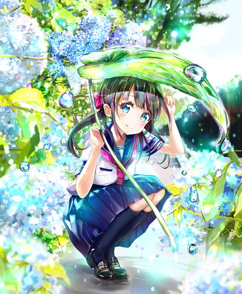 Anime picture 825x1000 with original keepout single long hair tall image looking at viewer fringe blue eyes black hair smile twintails holding full body outdoors blunt bangs short sleeves squat hand on head girl skirt