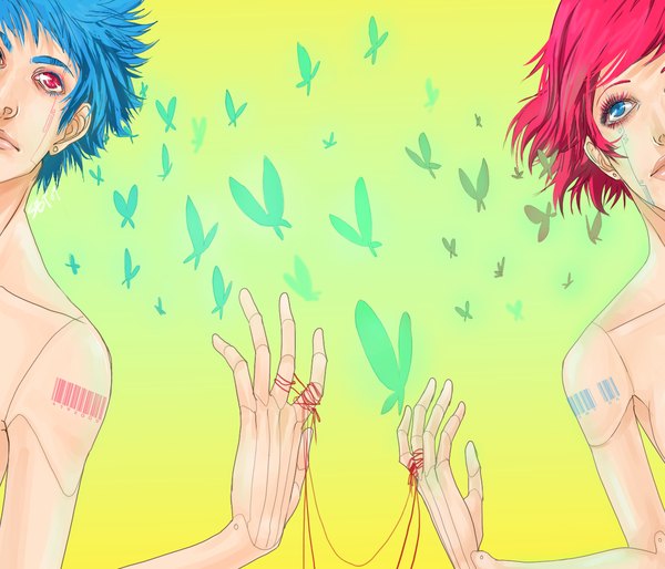 Anime picture 1282x1100 with original amsbt short hair blue eyes blue hair pink hair pink eyes facial mark yellow background face paint girl boy insect butterfly thread red thread android barcode