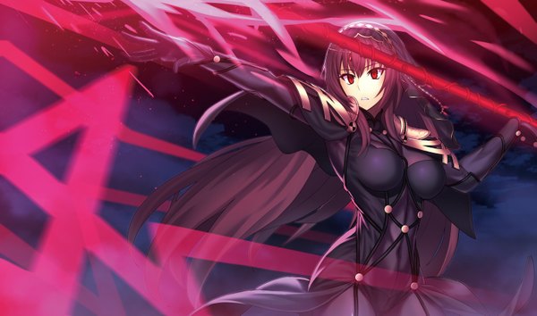 Anime picture 1513x893 with fate (series) fate/grand order scathach (fate) (all) scathach (fate) kotera ryou single long hair looking at viewer breasts light erotic red eyes wide image purple hair night girl gloves weapon black gloves bodysuit