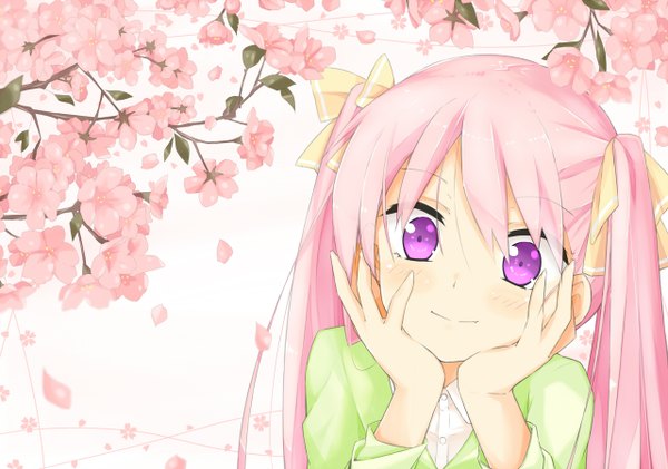 Anime picture 1280x900 with original kitsune (scaz) single long hair looking at viewer blush twintails purple eyes pink hair cherry blossoms girl petals