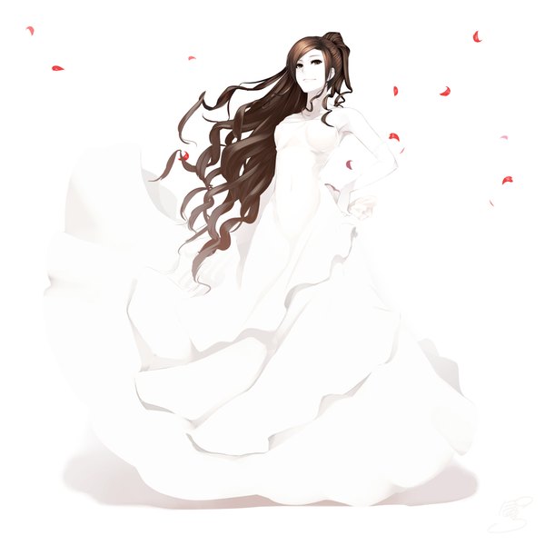 Anime picture 1980x1980 with original poaro single long hair highres simple background smile brown hair white background brown eyes ponytail shadow wavy hair hands behind back girl dress petals white dress bouquet