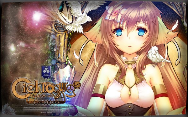 Anime picture 1920x1200 with surge concerto: ciel nosurge gust (company) ionasal kkll preciel long hair blush highres open mouth blue eyes brown hair wide image bare shoulders hair flower inscription girl hair ornament animal bird (birds) feather (feathers)
