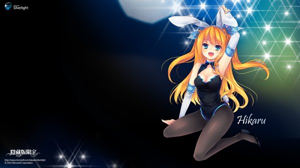 Anime picture 1920x1080 with microsoft aizawa hikaru single long hair blush highres open mouth blue eyes wide image sitting orange hair bunny ears girl gloves elbow gloves shoes bunnysuit