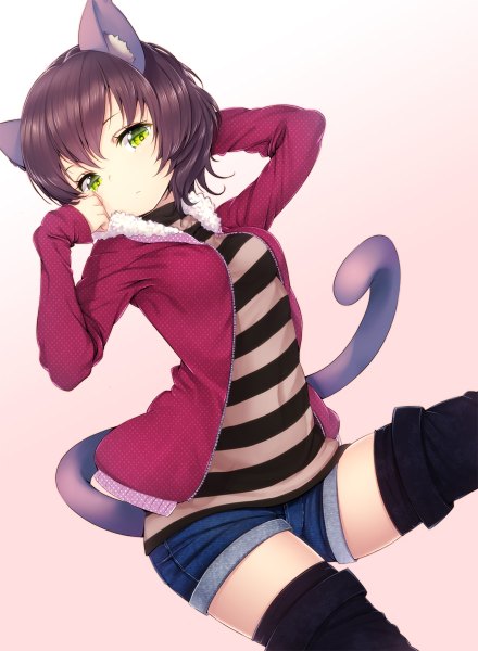 Anime picture 880x1200 with original zizi (zz22) single tall image looking at viewer short hair black hair simple background green eyes animal ears tail animal tail cat ears cat girl cat tail girl thighhighs black thighhighs shorts