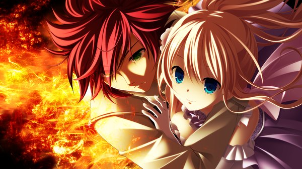 Anime picture 2560x1440 with gensou no idea kujou mitsuki makita maki long hair highres short hair blue eyes wide image green eyes game cg white hair red hair couple hug girl dress boy gloves elbow gloves fire