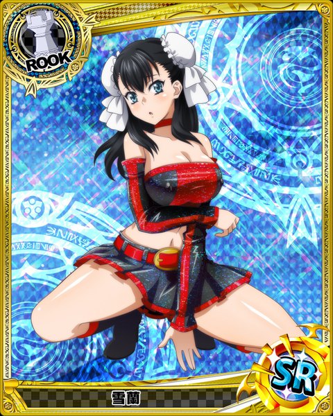 Anime picture 640x800 with highschool dxd xuelan single long hair tall image looking at viewer blush breasts blue eyes light erotic black hair large breasts hair bun (hair buns) card (medium) girl skirt detached sleeves miniskirt