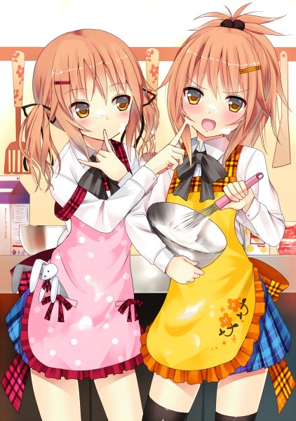 Anime picture 844x1200 with original koi (koisan) long hair tall image blush open mouth brown hair twintails multiple girls yellow eyes ponytail finger to mouth cooking girl thighhighs skirt uniform hair ornament ribbon (ribbons) black thighhighs