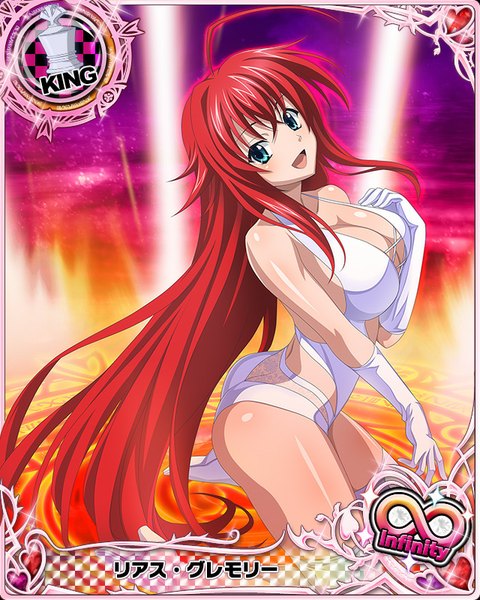 Anime picture 640x800 with highschool dxd rias gremory single tall image breasts open mouth blue eyes light erotic large breasts red hair very long hair card (medium) girl thighhighs gloves white thighhighs white gloves