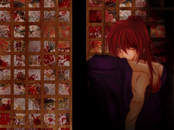 Anime picture 1600x1200 with rurouni kenshin himura kenshin yellow eyes scar blood