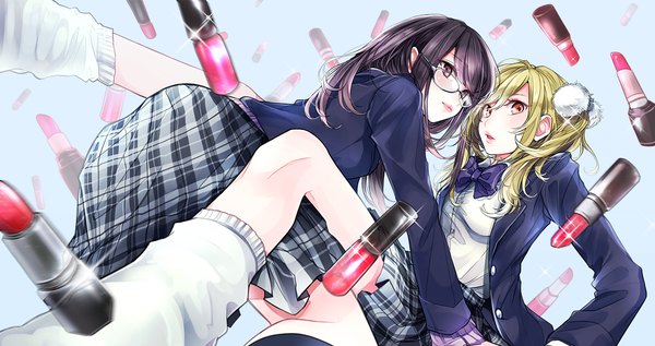 Anime picture 1868x990 with original noricopo (nori0w0) long hair highres black hair blonde hair wide image multiple girls brown eyes lipstick girl skirt uniform 2 girls school uniform glasses gaiters lipstick tube