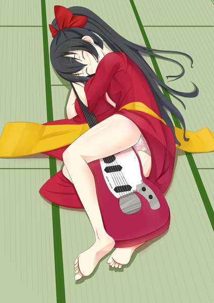 Anime picture 2894x4093 with k-on! kyoto animation nakano azusa long hair tall image highres light erotic black hair ponytail lying eyes closed japanese clothes barefoot pantyshot legs hug sleeping girl kimono obi