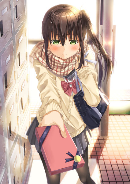 Anime picture 1032x1457 with original kukiha single long hair tall image blush fringe hair between eyes brown hair standing holding green eyes payot indoors long sleeves pleated skirt shadow embarrassed outstretched arm side ponytail