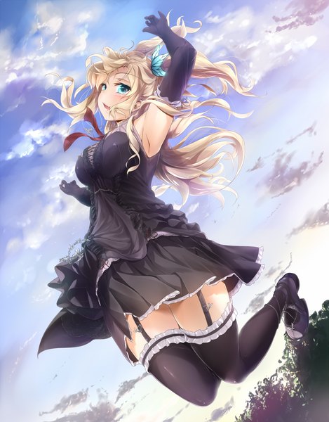 Anime picture 900x1149 with boku wa tomodachi ga sukunai kashiwazaki sena wingheart long hair tall image blush open mouth blue eyes blonde hair cloud (clouds) jumping girl thighhighs dress gloves hair ornament black thighhighs elbow gloves butterfly hair ornament