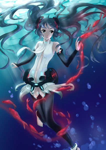 Anime picture 1748x2480 with vocaloid vocaloid append hatsune miku hatsune miku (append) single long hair tall image highres twintails bare shoulders green eyes absurdres nail polish aqua hair underwater girl detached sleeves water necktie bubble (bubbles)