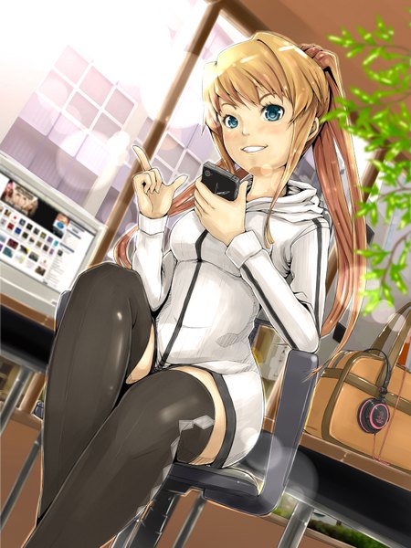 Anime picture 1368x1824 with original firecel single long hair tall image blush blue eyes blonde hair smile sitting ponytail girl thighhighs black thighhighs headphones iphone