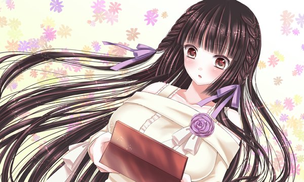 Anime picture 1000x600 with original hiroharu single long hair blush open mouth black hair wide image brown eyes girl dress flower (flowers) ribbon (ribbons) hair ribbon