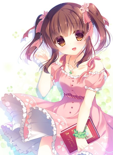 Anime picture 734x1000 with original yukie (peach candy) single long hair tall image looking at viewer blush open mouth brown hair twintails brown eyes girl dress flower (flowers) ribbon (ribbons) hair ribbon book (books)