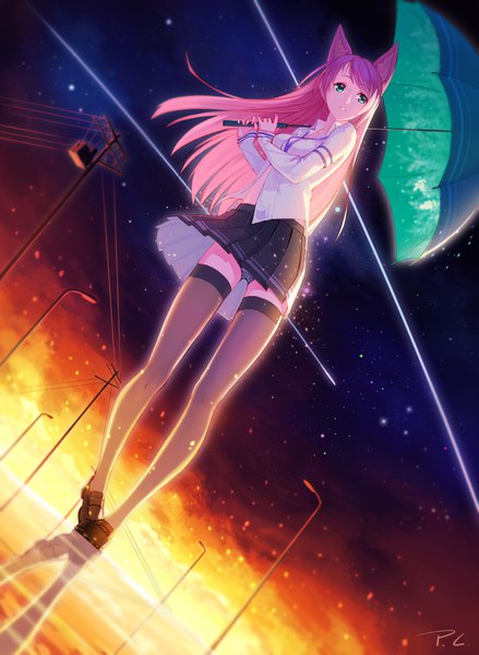 Anime picture 3000x4100 with original tidsean migime no yuugure single long hair tall image highres light erotic holding green eyes signed animal ears looking away pink hair outdoors parted lips pleated skirt sunlight cat ears cat girl