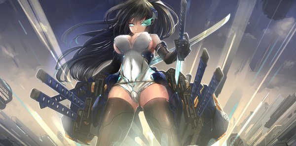 Anime picture 2125x1053 with original kikivi single long hair highres breasts blue eyes light erotic black hair wide image large breasts girl thighhighs weapon black thighhighs sword katana