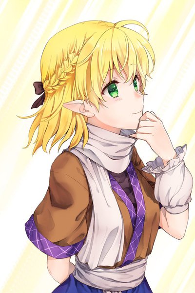 Anime picture 600x900 with touhou mizuhashi parsee akidzuki haruhi single tall image fringe short hair blonde hair green eyes looking away upper body ahoge braid (braids) light smile pointy ears side braid half updo hand to mouth girl ribbon (ribbons)