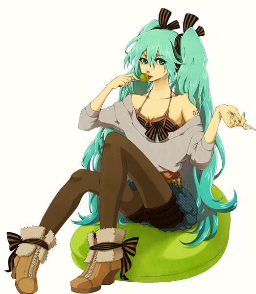 Anime picture 1133x1300 with vocaloid hatsune miku kazamidori haruka single tall image sitting twintails very long hair aqua eyes aqua hair girl ribbon (ribbons) hair ribbon boots headphones lollipop