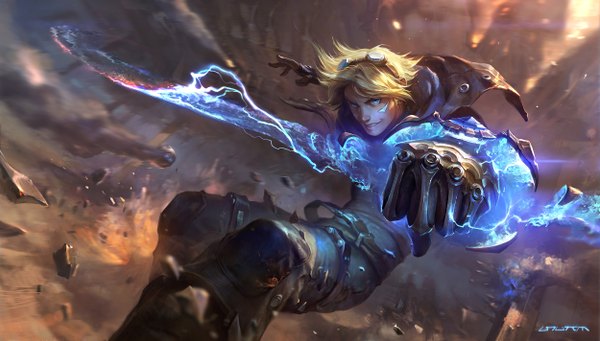 Anime picture 2500x1424 with league of legends ezreal (league of legends) su-ke (artist) single looking at viewer highres short hair blue eyes blonde hair wide image official art boy gloves goggles
