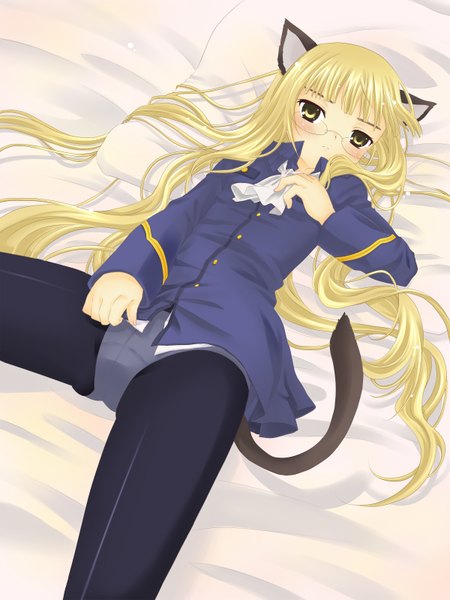 Anime picture 1200x1600 with strike witches perrine h clostermann hanabana (notenotenote) long hair tall image blush light erotic blonde hair animal ears yellow eyes lying cat ears cat tail girl glasses