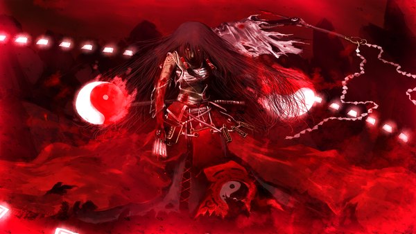 Anime picture 1780x1000 with touhou hakurei reimu chama (painter) single long hair looking at viewer highres black hair wide image yellow eyes tattoo torn clothes red background hair over eyes horror girl weapon blood bandage (bandages)