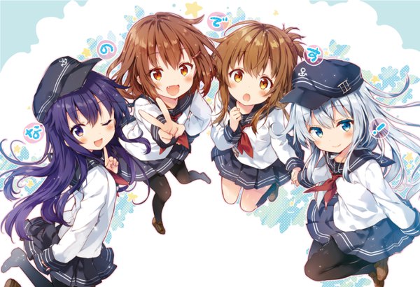 Anime picture 800x547 with kantai collection hibiki destroyer akatsuki destroyer inazuma destroyer ikazuchi destroyer riichu long hair looking at viewer blush short hair open mouth blue eyes smile brown hair purple eyes multiple girls brown eyes yellow eyes silver hair purple hair