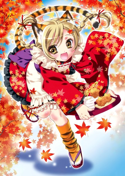 Anime picture 2979x4199 with kamiya maneki tall image blush highres open mouth blonde hair smile animal ears yellow eyes tail braid (braids) cat ears cat tail girl food apron cookie (cookies) tea