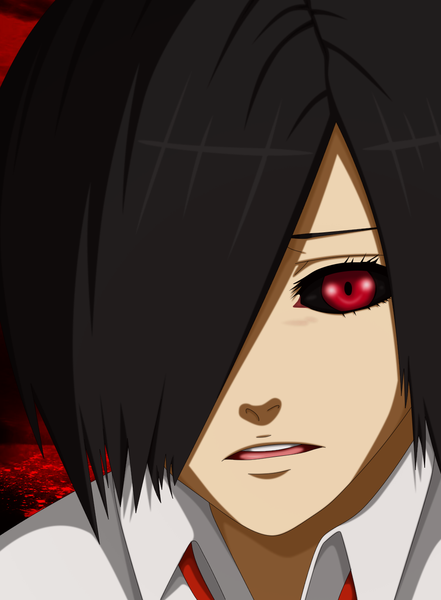 Anime picture 1000x1361 with tokyo ghoul studio pierrot kirishima touka flowerinhell single tall image looking at viewer fringe short hair open mouth black hair simple background red eyes hair over one eye evening sunset close-up face black sclera girl