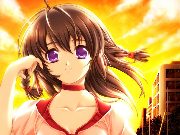 Anime picture 1024x768 with kegasareta natsu (game) brown hair purple eyes game cg girl